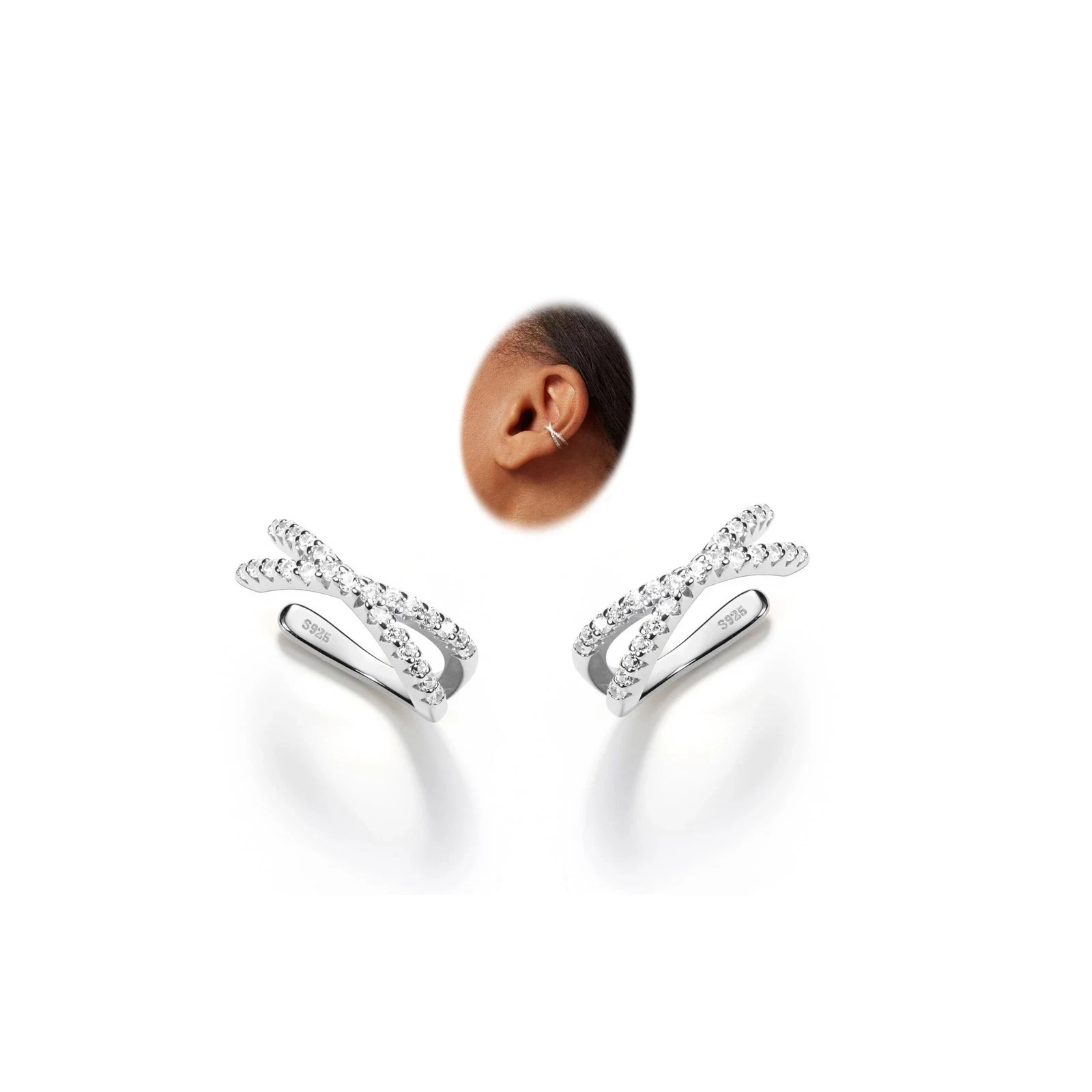 Ear Cuff Earrings 2Pcs S925 Sterling Silver Adjustable CZ Clip On Hypoallergenic