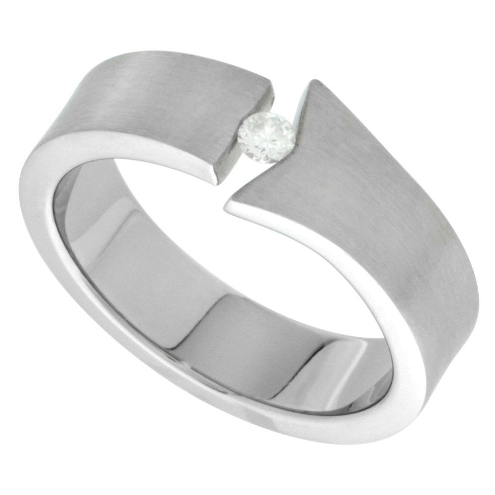 Stainless Steel Tension Set CZ Stone Flared Edge Matte Finish Wedding Band Ring