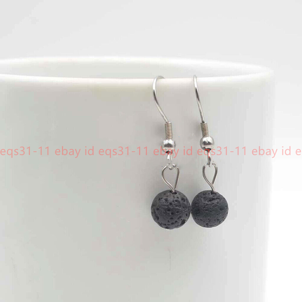 1 Pair 6/8/10/12mm Black Lava Stone Round Gems Beads Dangle Silver Hook Earrings