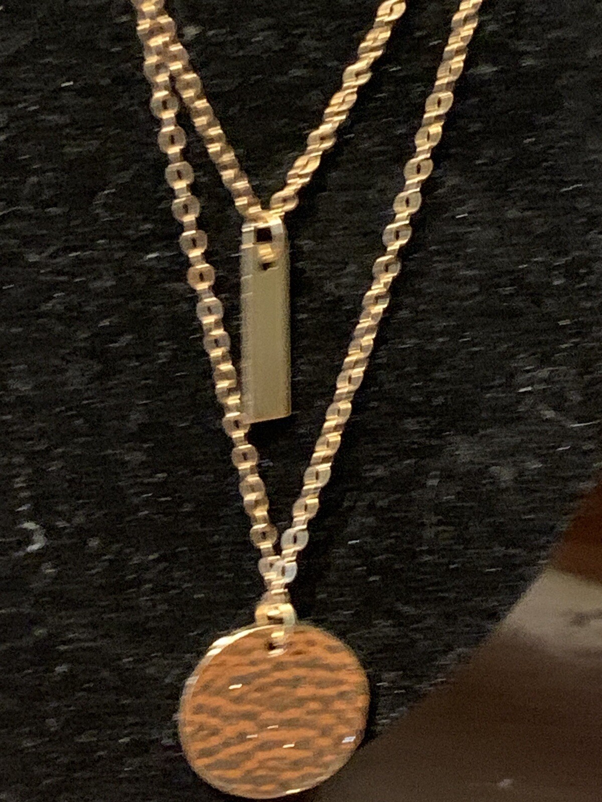 Gold Tone Disc And Rectangle With Chain Lobster Clasp Long Textured
