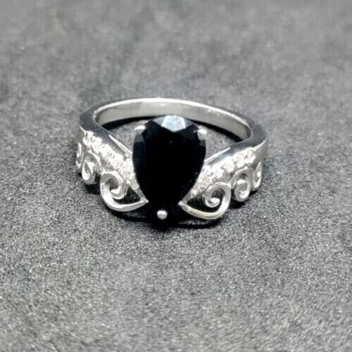 Pear Cut Simulated Black Diamond Women’s Pretty Band Ring 14K White Gold Plated