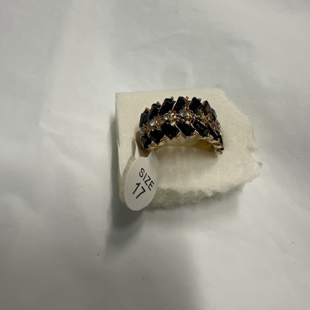 Gold Tone Black Baguette & Clear Crystal Prong Set Band Ring Size 17