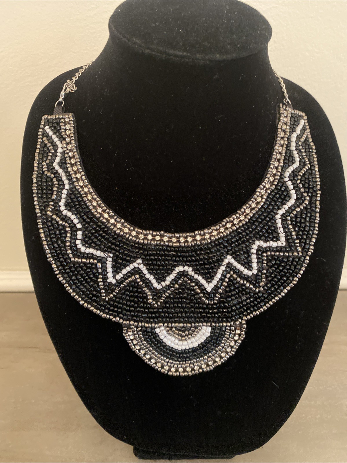 Necklace Beaded Southwestern Black White Silver Tone Collar Bib Boho Chic Tribal