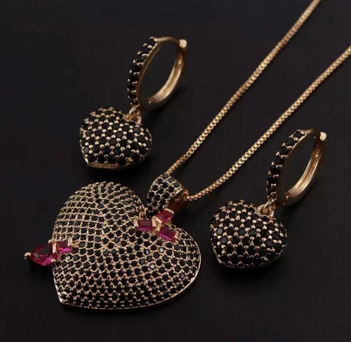 18K Gold Plated Onyx Gemstone Heart Necklace Earrings Set Elegant Valentine Gift