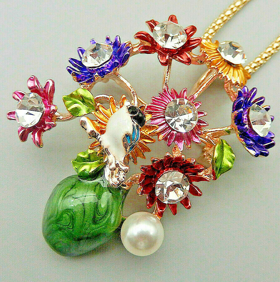 Summer Time RAINBOW Flowers VASE Bouquet BIRD Rhinestone Necklace Pendant Brooch