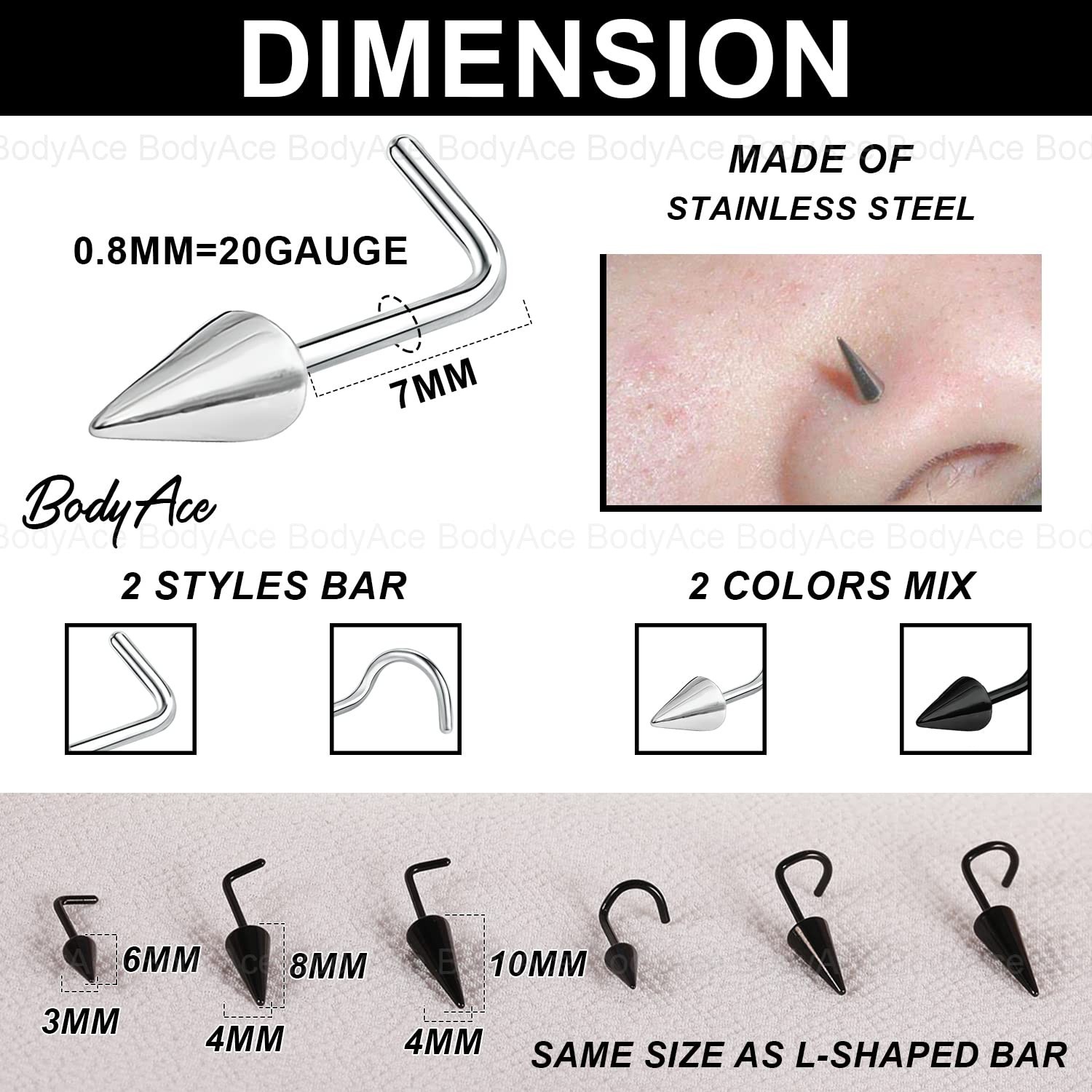 20G Spike Nose Studs Rings, Stainless Steel Spike Nostril Ring Stud, Black Ro…