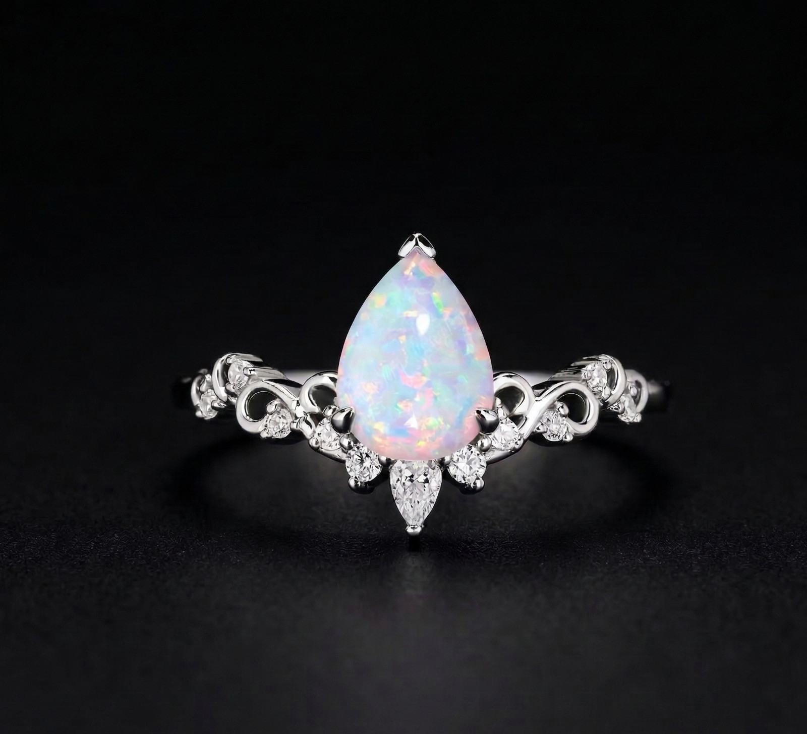 Pear Cut White Opal Engagement Ring, Sterling Silver Wedding Band, Art Deco Ring