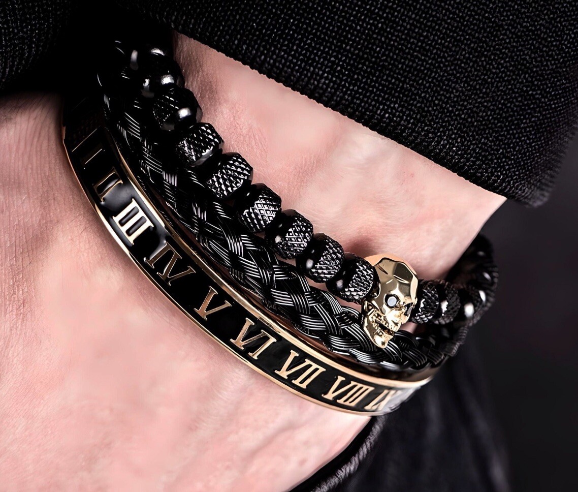 3pcs Skull Charm Bracelets for Men – Adjustable Stainless Steel Roman Bangles