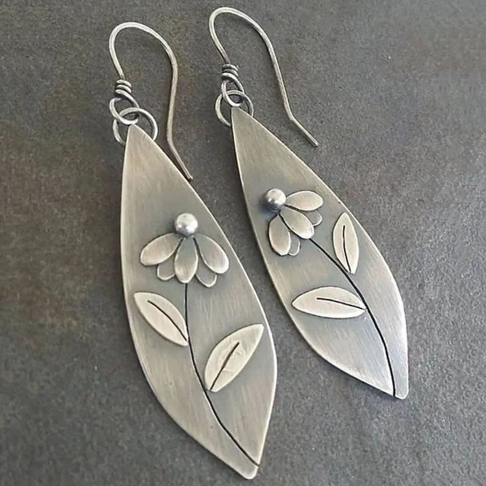 Dangle Drop Earrings Leaf 1.77 in Flower Antique Silver E151