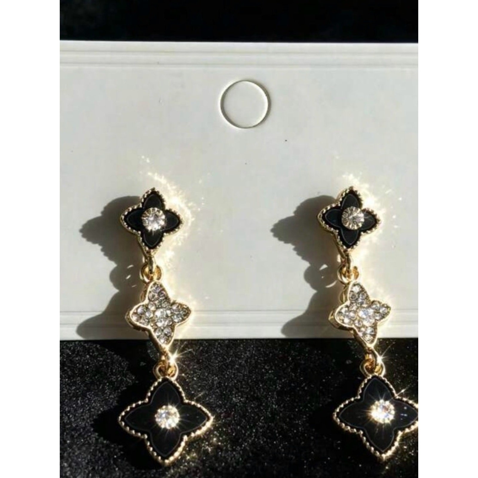 Elegant Black and Gold Floral Drop Earrings – Crystal Accent