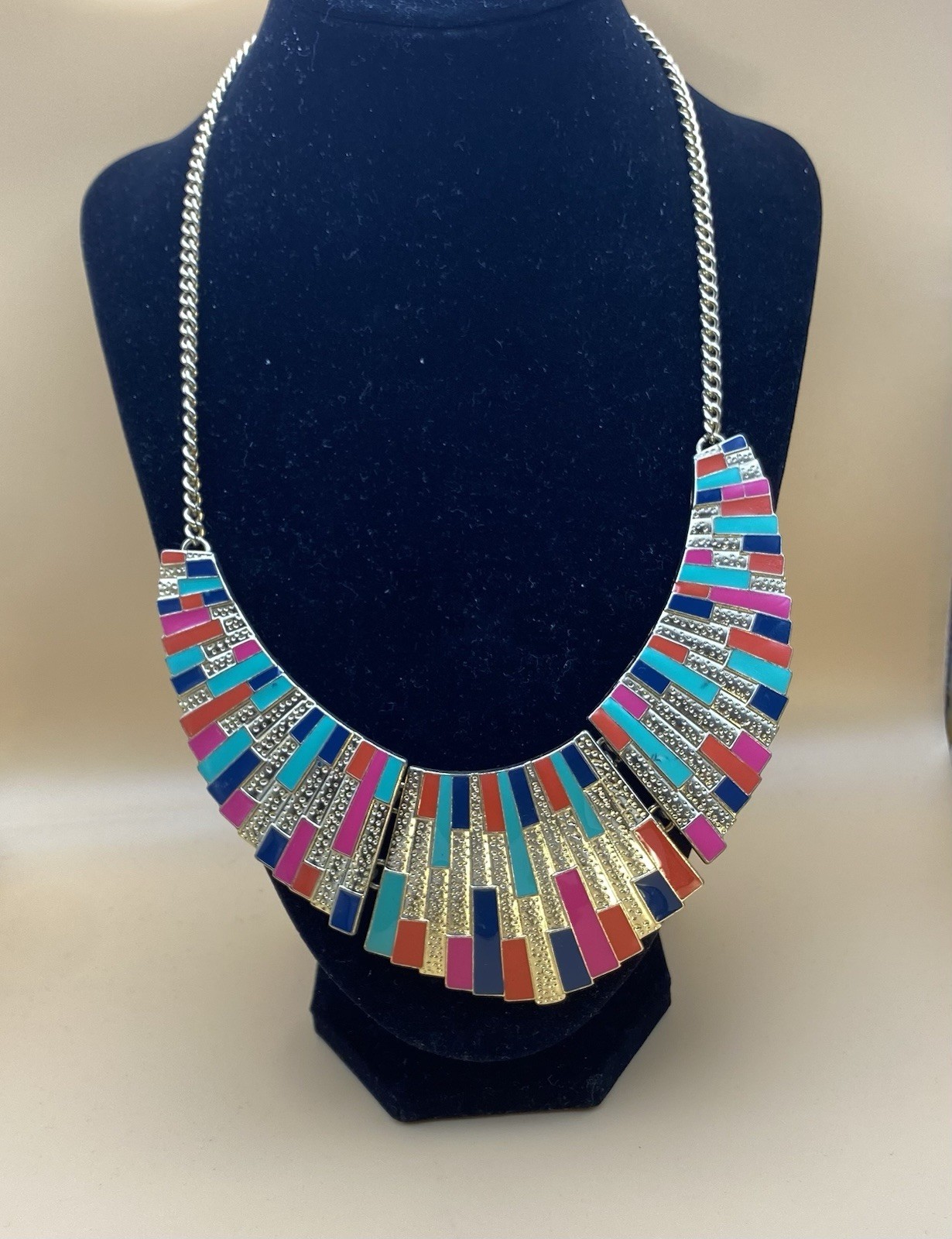 Multicolor Geometric Bib Statement Necklace Silver Tone Curb Link Lobster Adj