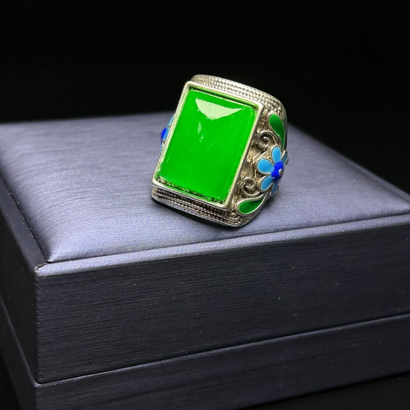 Certified Nature inlay ice green Burmese Jade Jadeite Amulet adjustable Rings