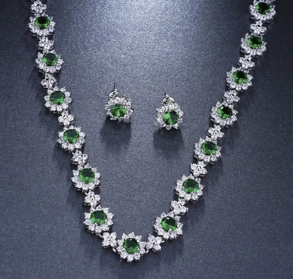 18k White Gold Plated Green Tennis Necklace Earring Set Made Simulated
