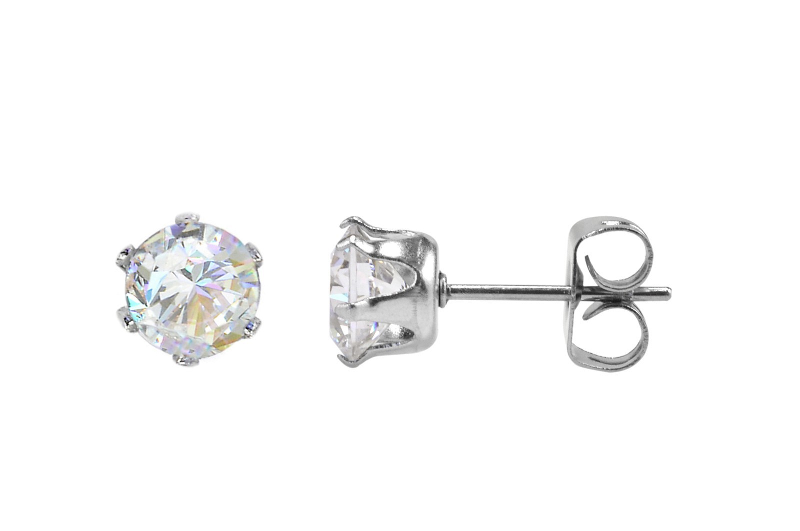 Stainless Steel Earrings Round White CZ Studs Prong Setting 2mm-10mm
