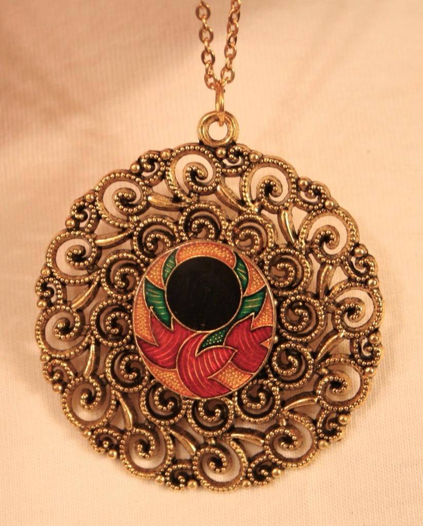 Lacy Filigree Swirls Goldtn Red Amber Green Black Epoxy Inset Pendant Necklace