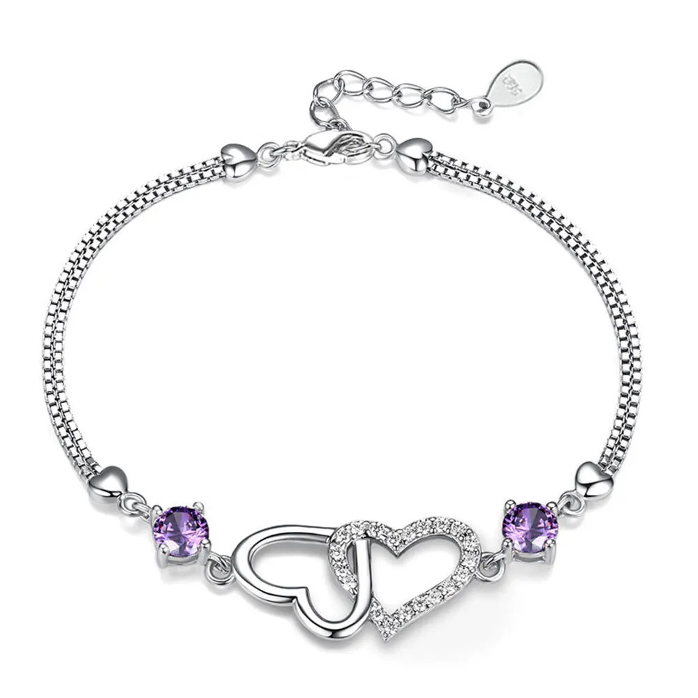 925 Sterling Silver Bracelets Amethyst Heart Bracelet Inlaid Zircon Chain
