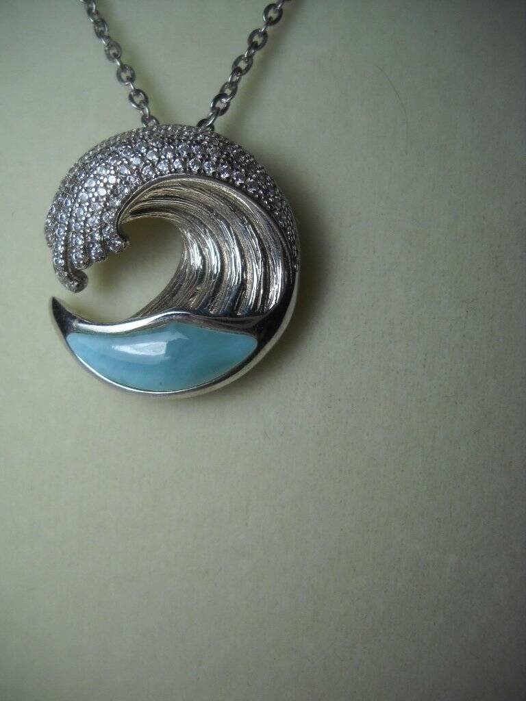 Alamea Hawaii Ocean Wave Larimar Pave CZ Sterling Silver Pendant Necklace Lovely