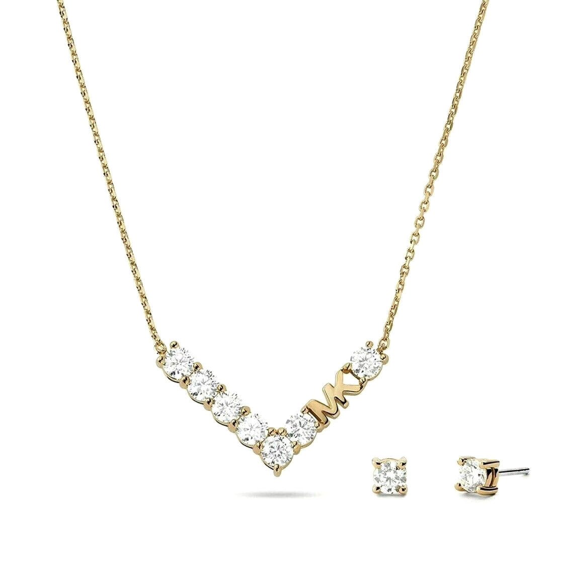 NWT MICHAEL KORS GOLD-TONE CRYSTAL MK NECKLACE & EARRINGS GIFTSET MSRP $125.00