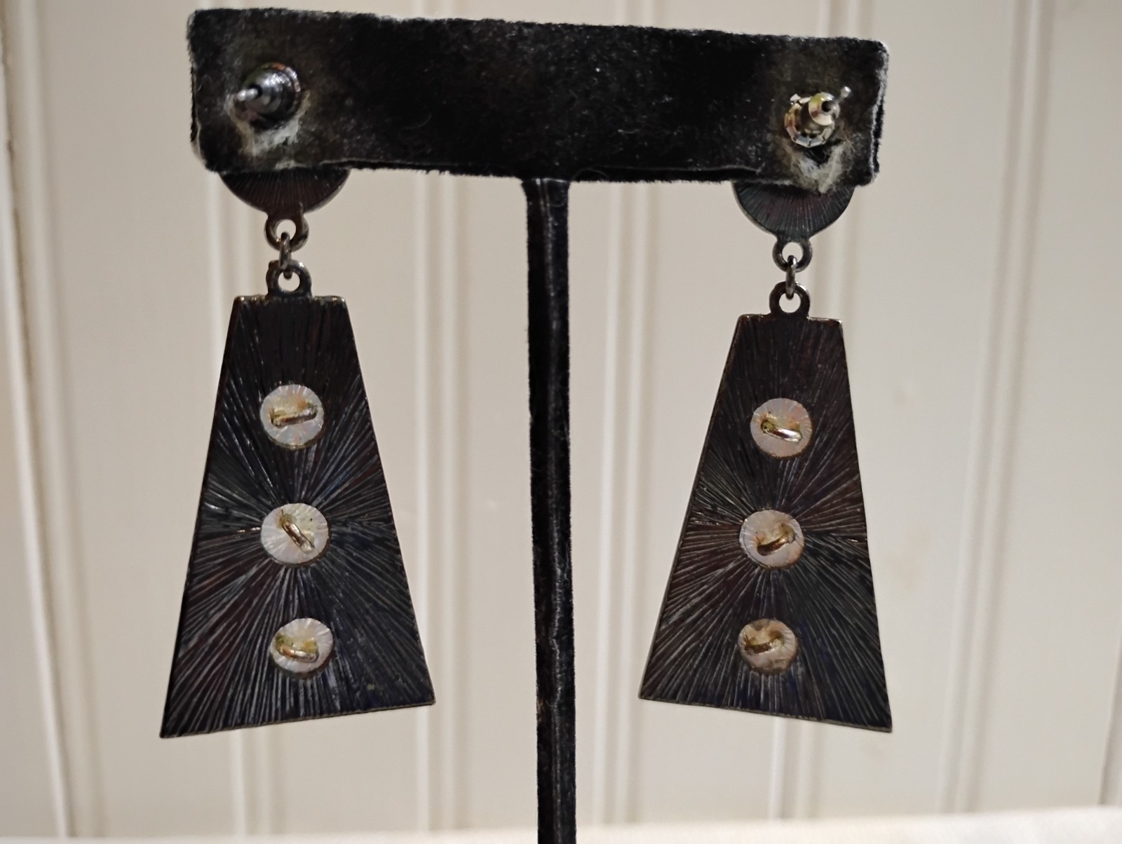 Green Enameled Gun Metal Gray Trapezoid Drop Dangle Post Pierced Earrings