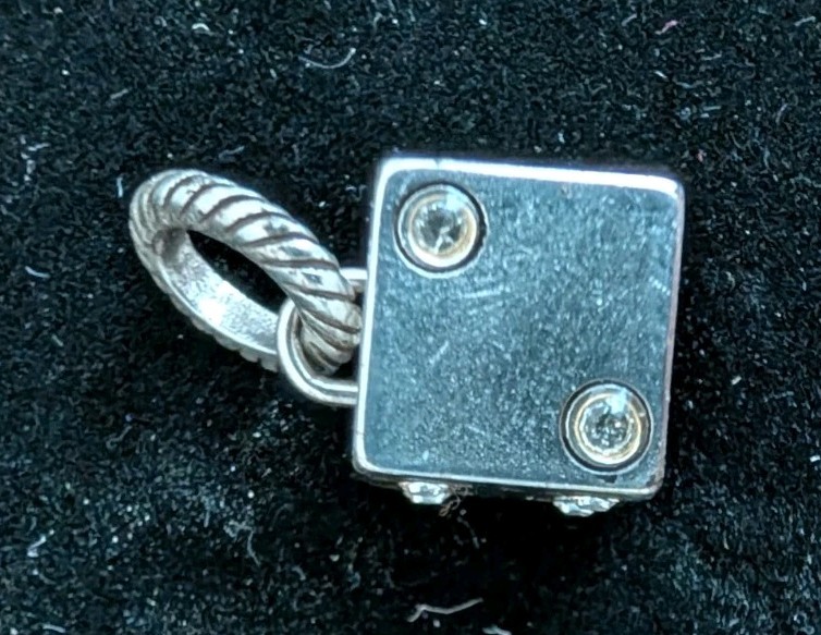 Silver Tone Lucky Dice Cube Charm Pendant Crystal Pips Twisted Cable Bail