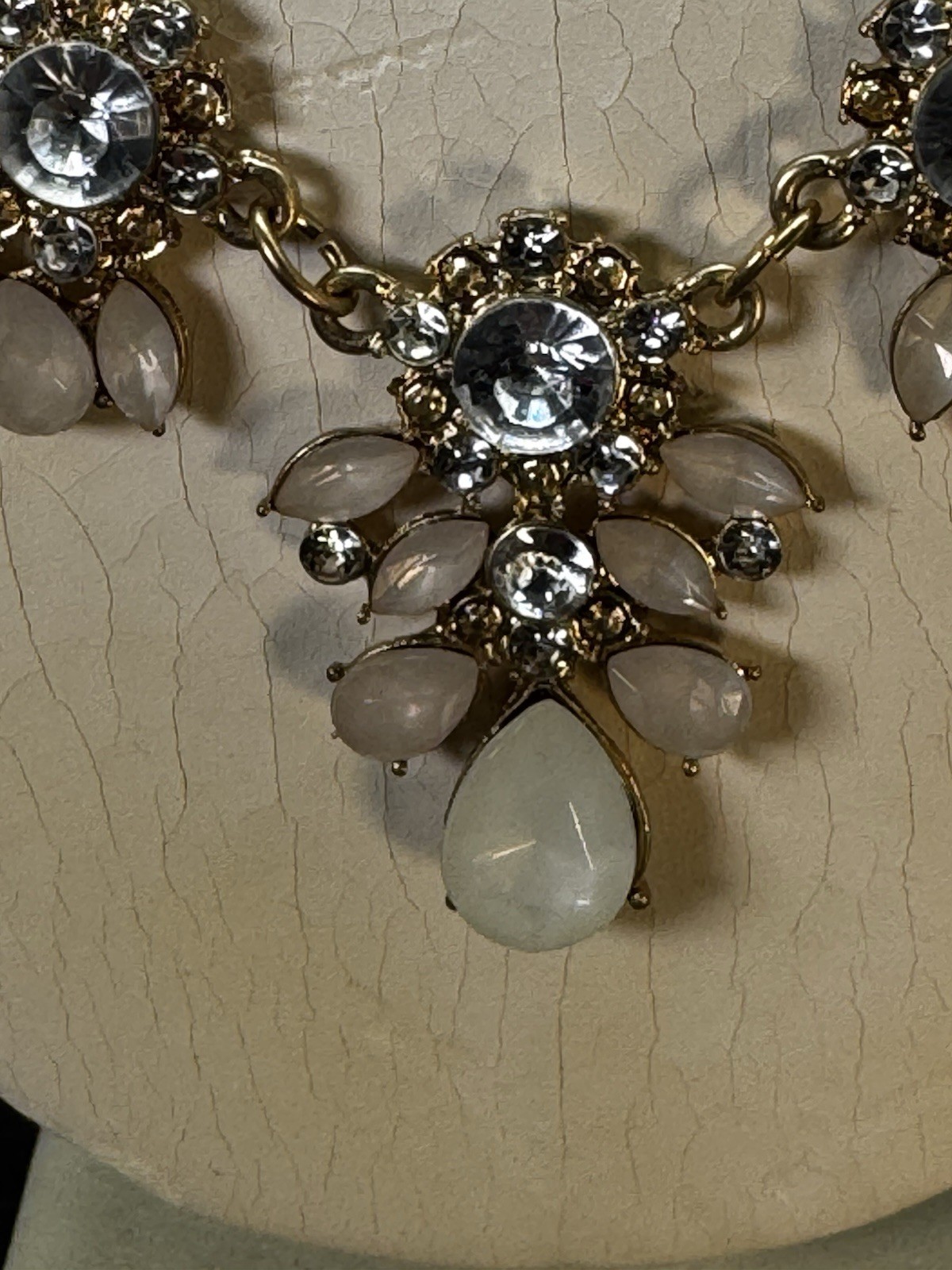 Dangle Bib Statement Necklace 18” + 3” Extender Gold Tone Pale Pink White Clear