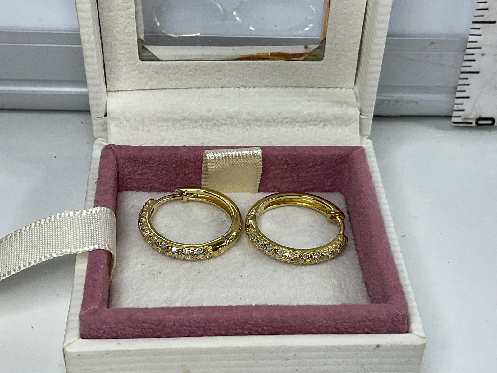Sterling Silver Gold Plated CZ Accented Hoop Earrings 3/4 Inch Pretty!