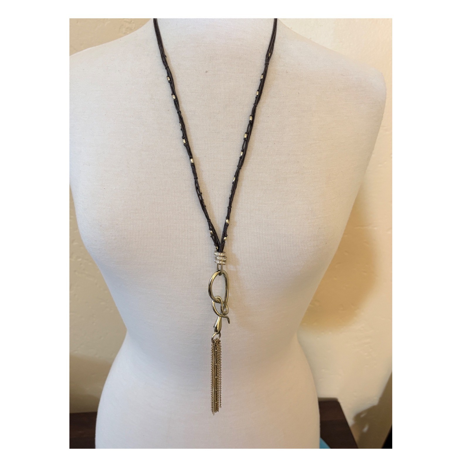 Jessica Simpson Long Tassel Necklace Brown Cord Gold Tone Link Mixed Metal Boho