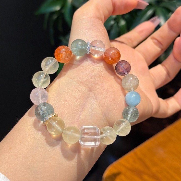 10mm Natural Lemon Yellow Crystal Aquamarine Green fluorite Handmade Bracelet