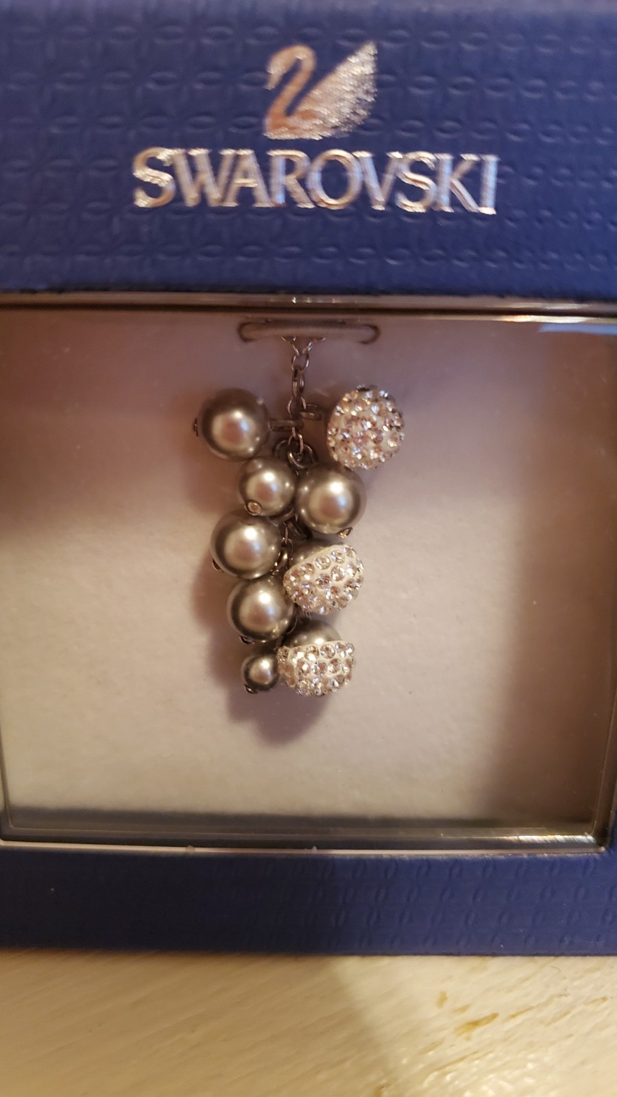 Authentic Swarovski Pave Crystal & Gray Pearl Cluster Pendant Necklace NIB $95