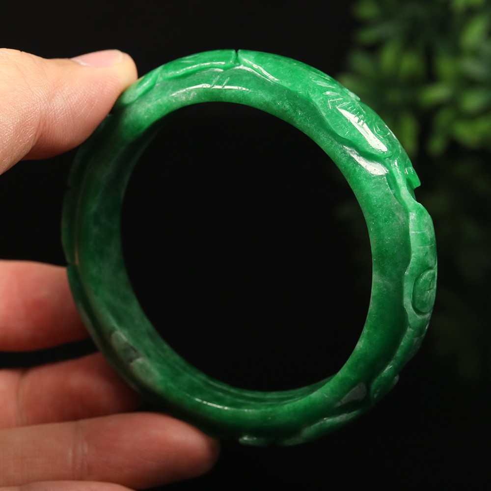 59mm Emerald Green Burma Jadeite Jade Bangle Bracelet Ruyi Bat Rabbit A-14431