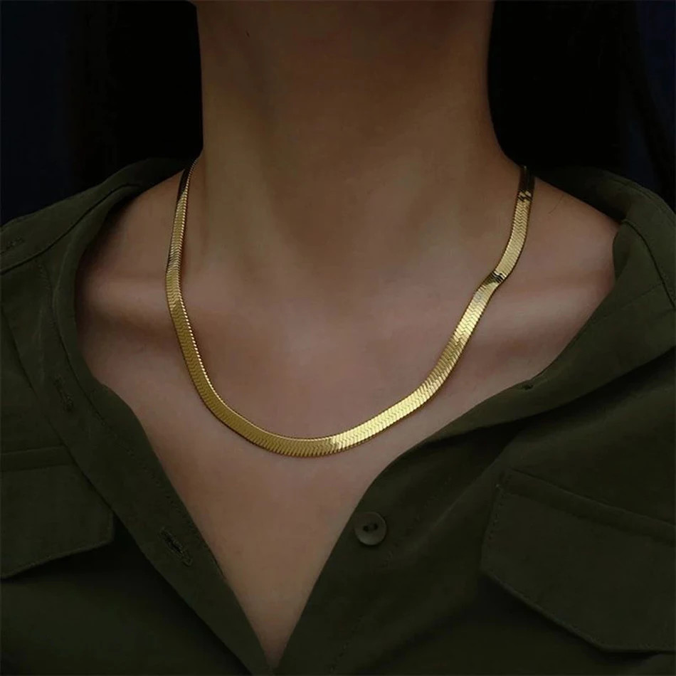Silver color Gold Plated 4MM Flat chain Necklace for Women Luxury Fine