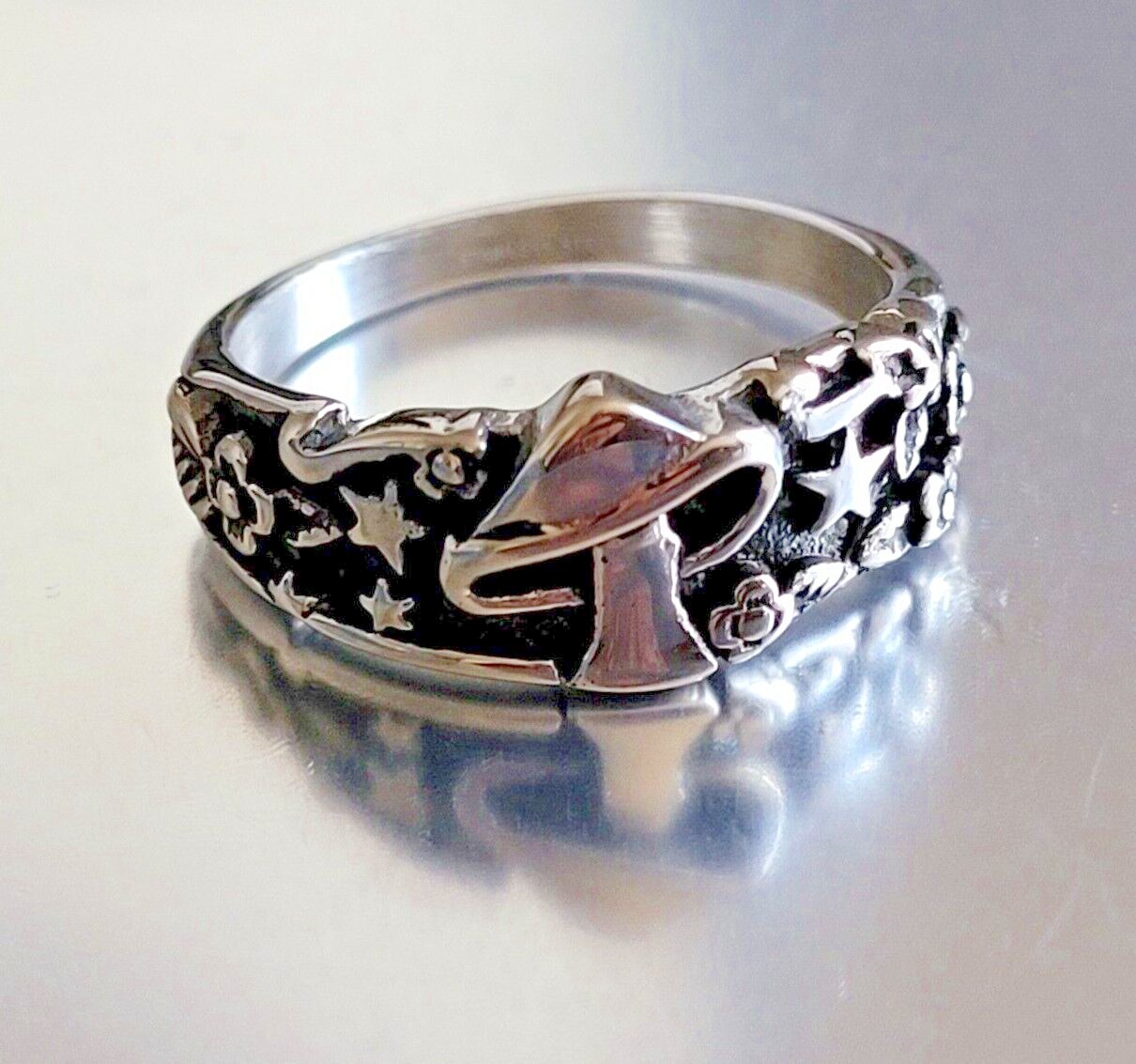 Stainless Steel Celestial Mushroom Ring Silver Finish Mushroom & Star Band Ring