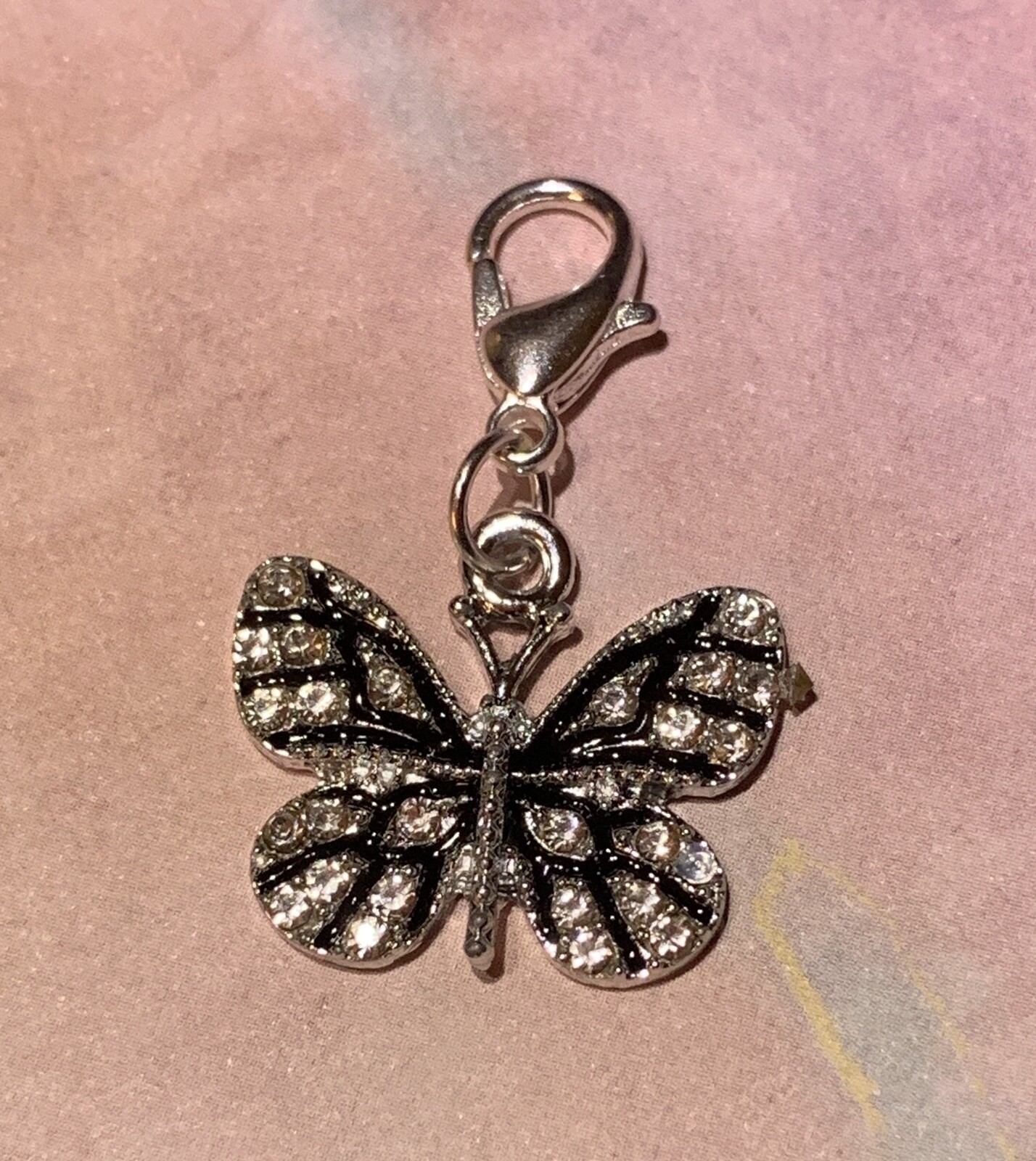 SPARKLING BUTTERFLY Clip On Charm w/ Lobster Clasp Keyring, Purse, Zipper Pull