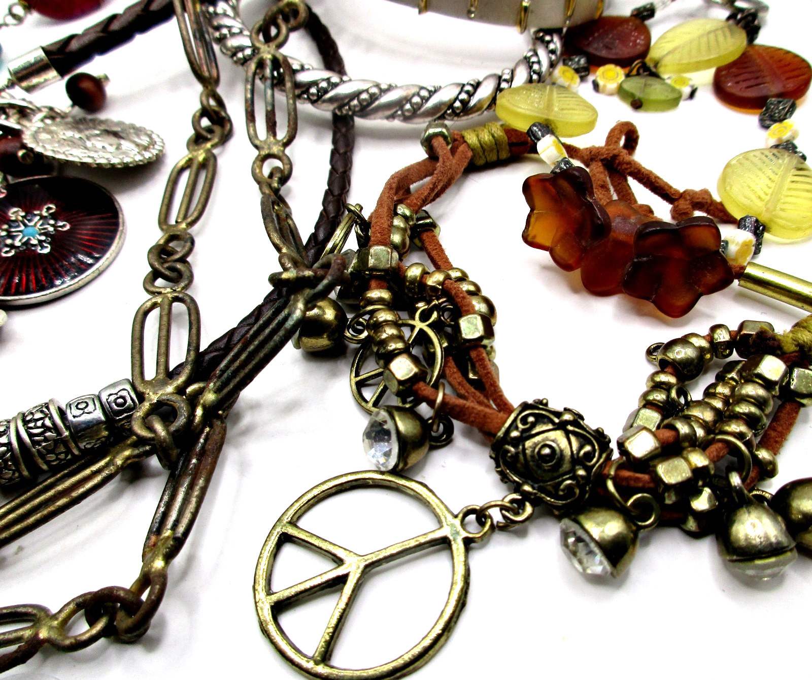 Vintage 11pc Lot Silver, Copper, Glass Bracelets, Charms & Glass Cord Necklaces