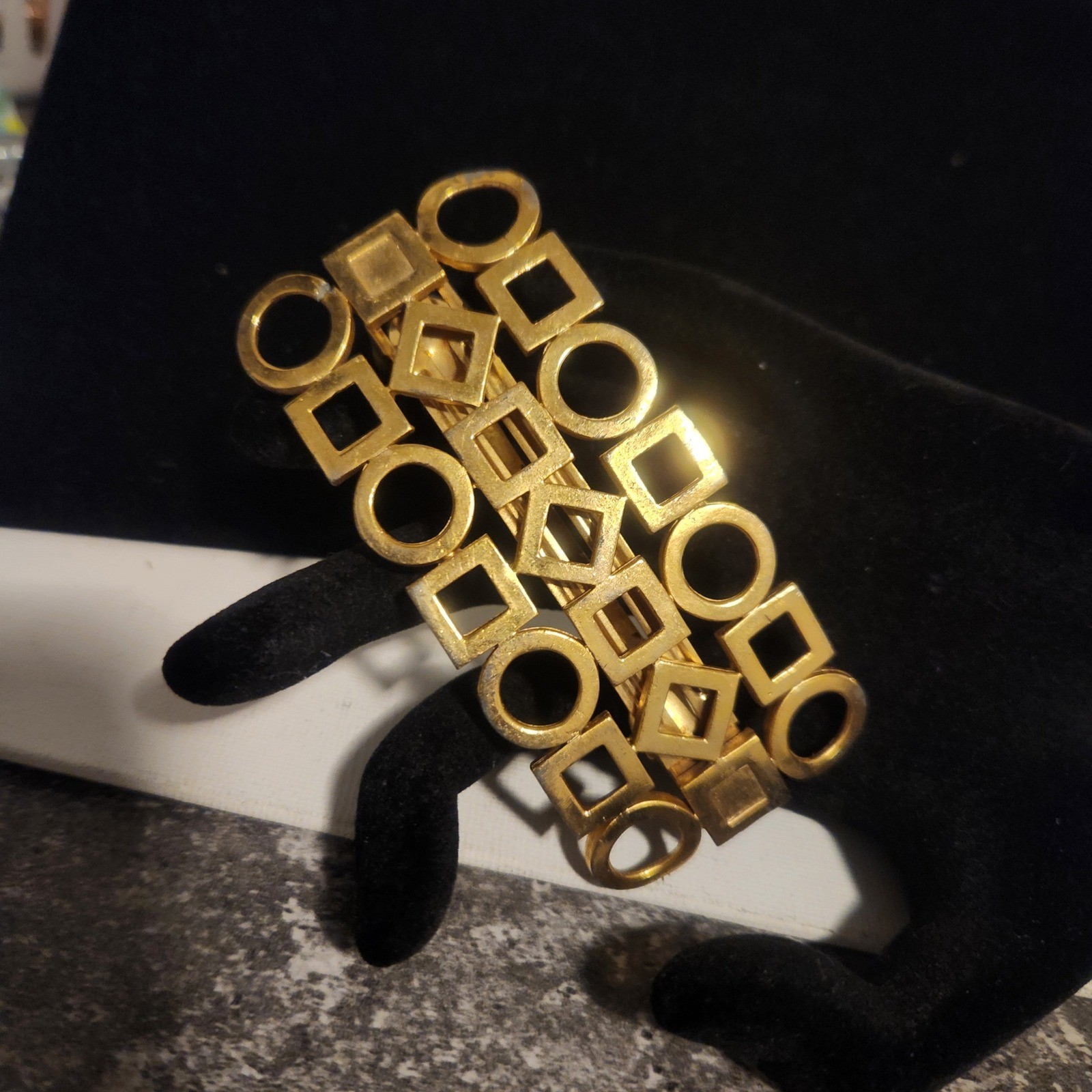 Vintage Gold Tone Geometric Circle Square Barrette Statement Matte France made.