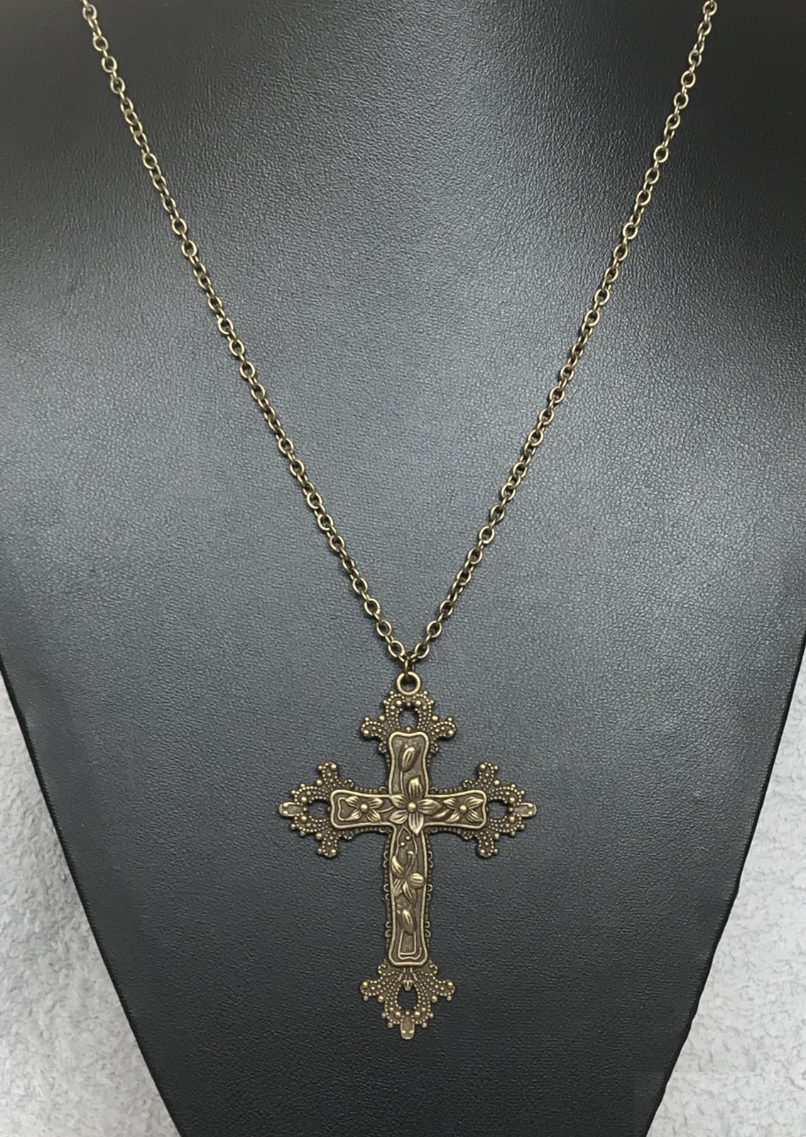 Large Gothic Vintage Bronze Ornate Cross 24″ Chain Necklace in Gift Bag