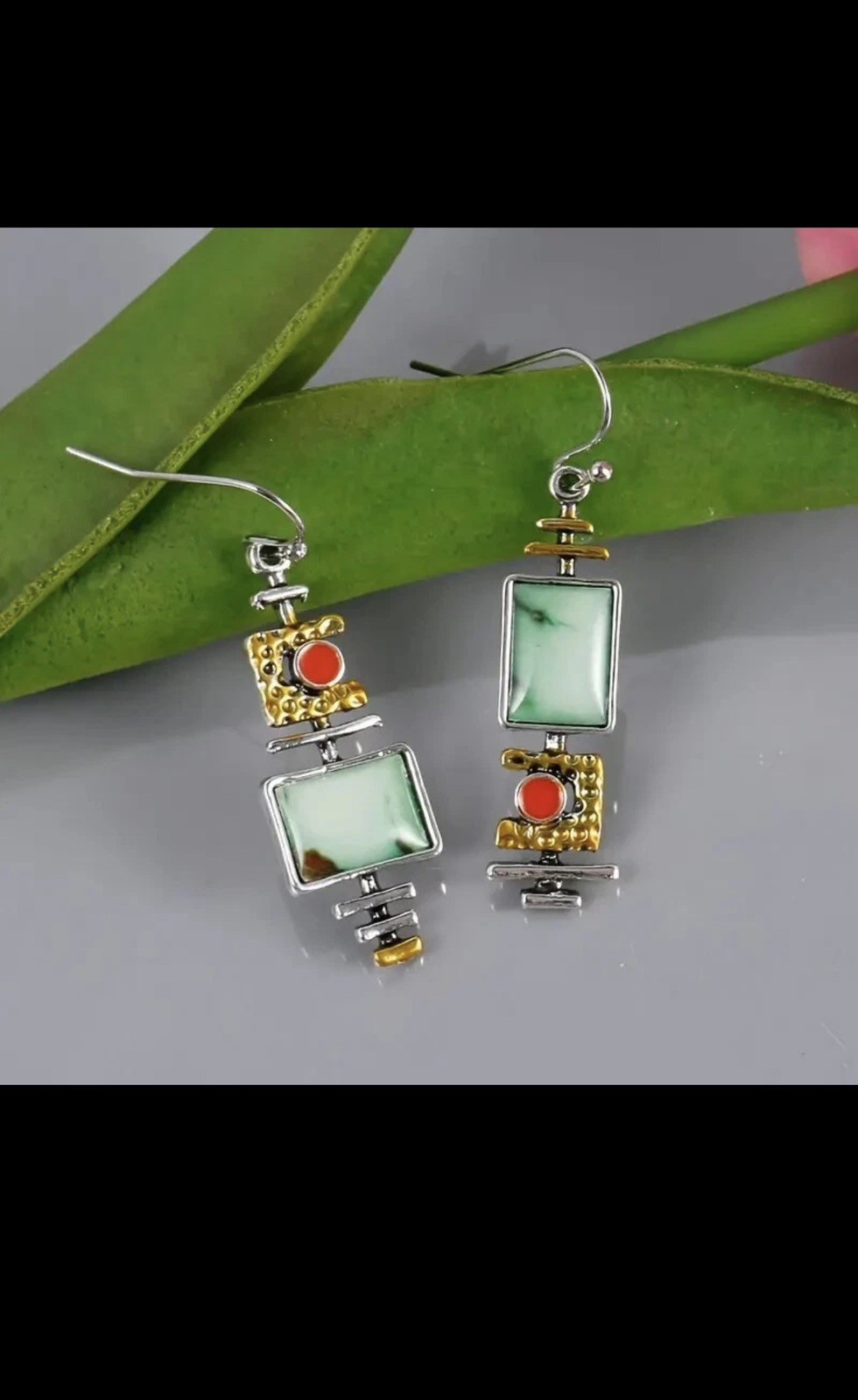 Boho Vintage Geometric Drop Hook Earrings 925 Silver Plated Synthetic Gemstone