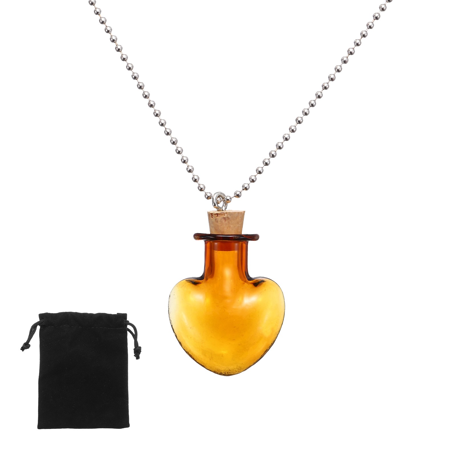 26mm Vial Necklace with Cork Stoppers Black Velvet Bag, Heart Shaped, Champagne