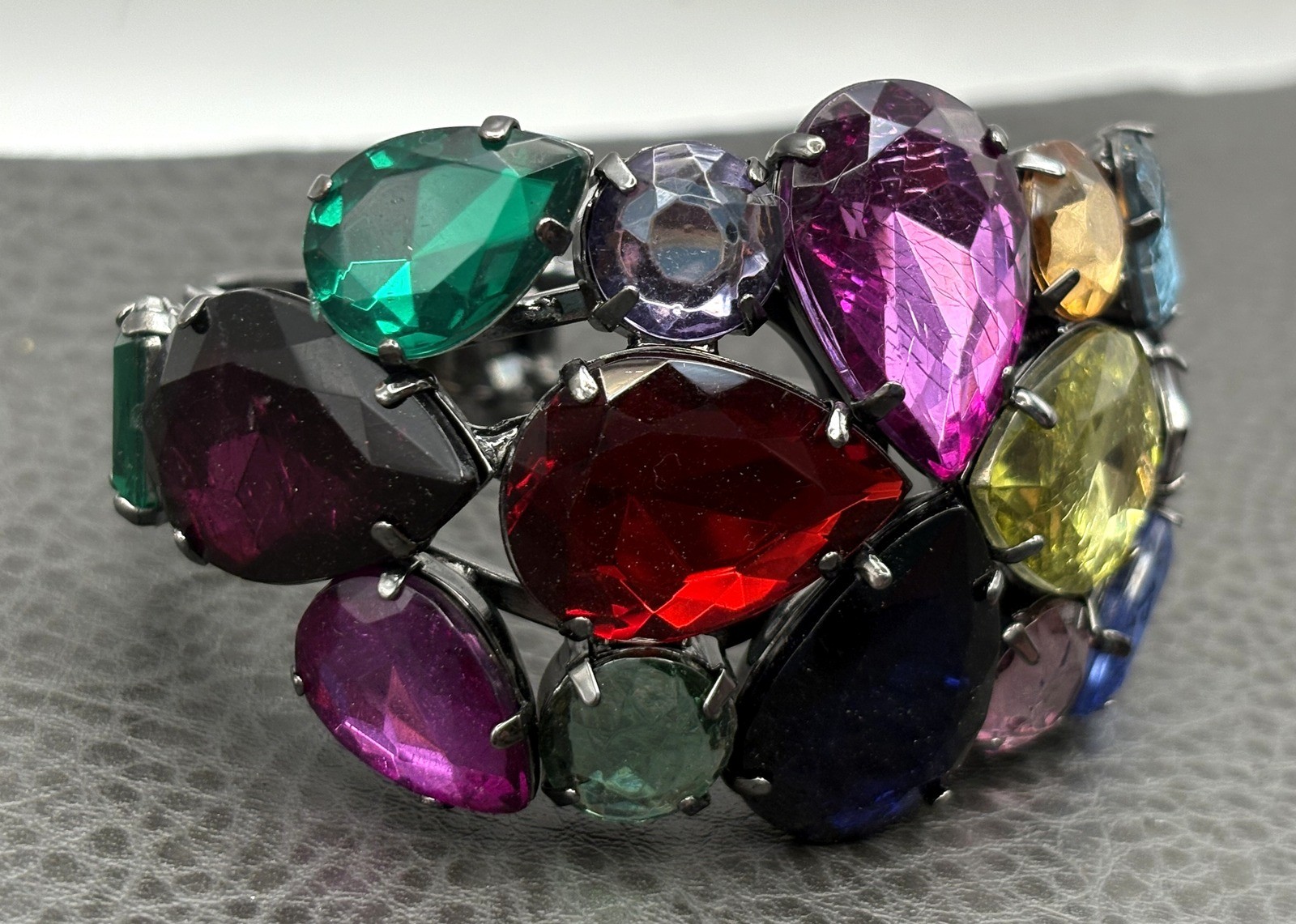 Multicolor Faceted Glass Rhinestone Hinged Bangle Bracelet Statement Piece