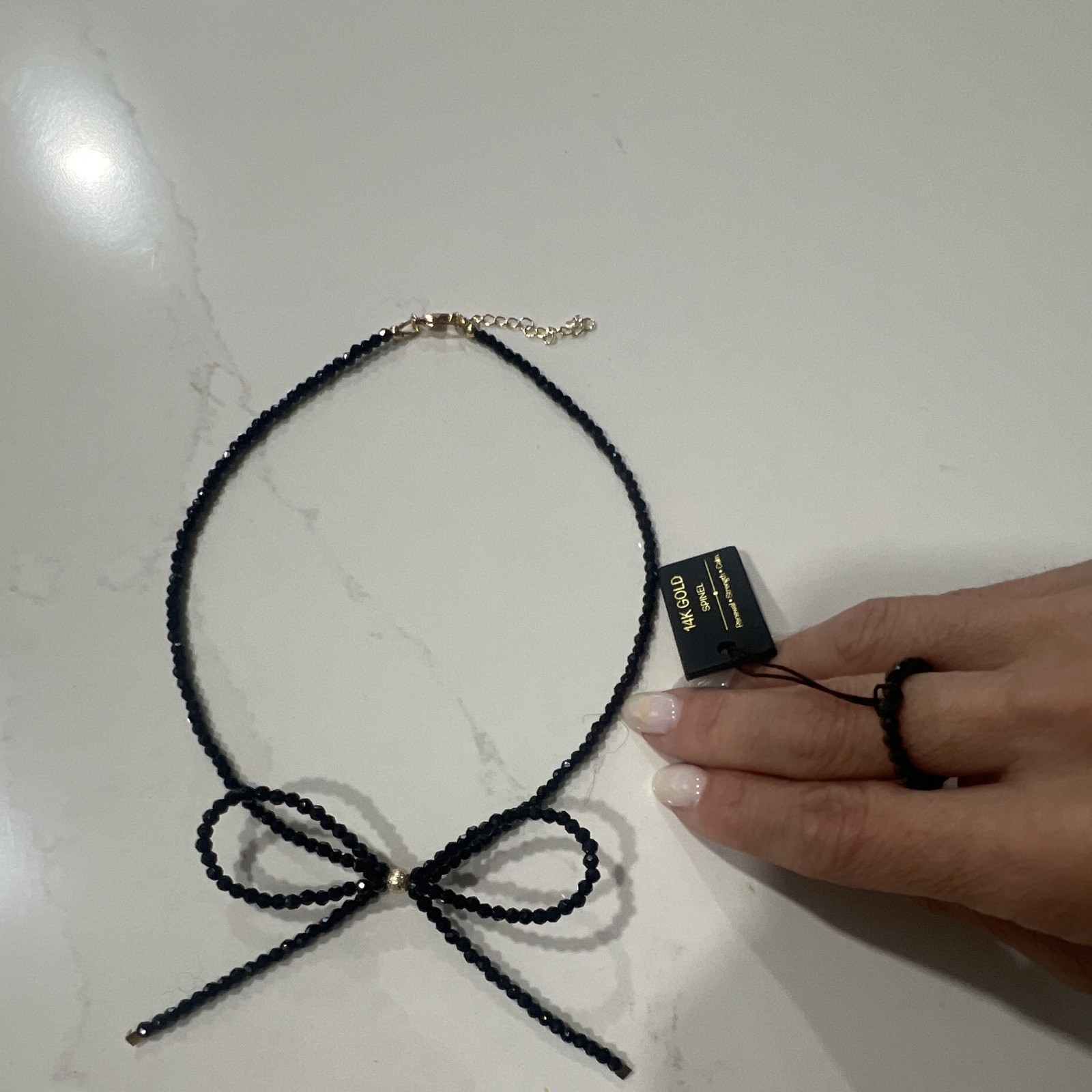 14K Gold Black Spinel Beaded Bow Choker Necklace, Adjustable Lobster Clasp