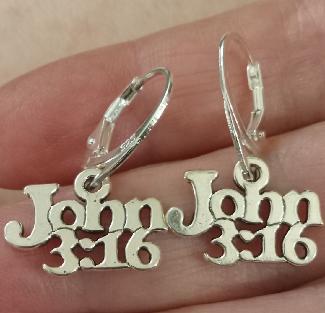 925 Sterling Silver Filled John 3:16 Christian Bible Verse Charm Lever Earrings