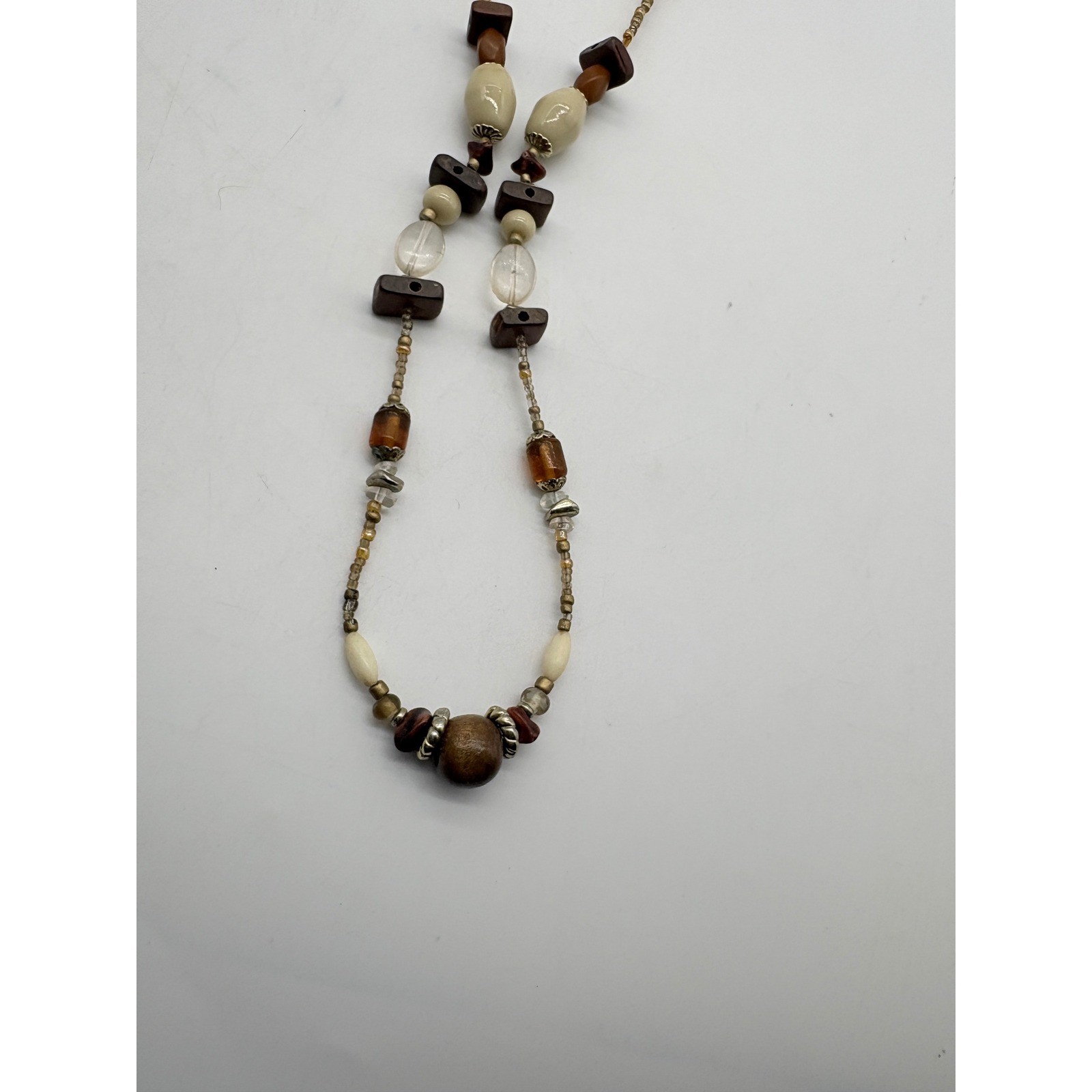 Bohemian Long Beaded Necklace Brown Cream Earthy Tones Mixed Media 36 Inch