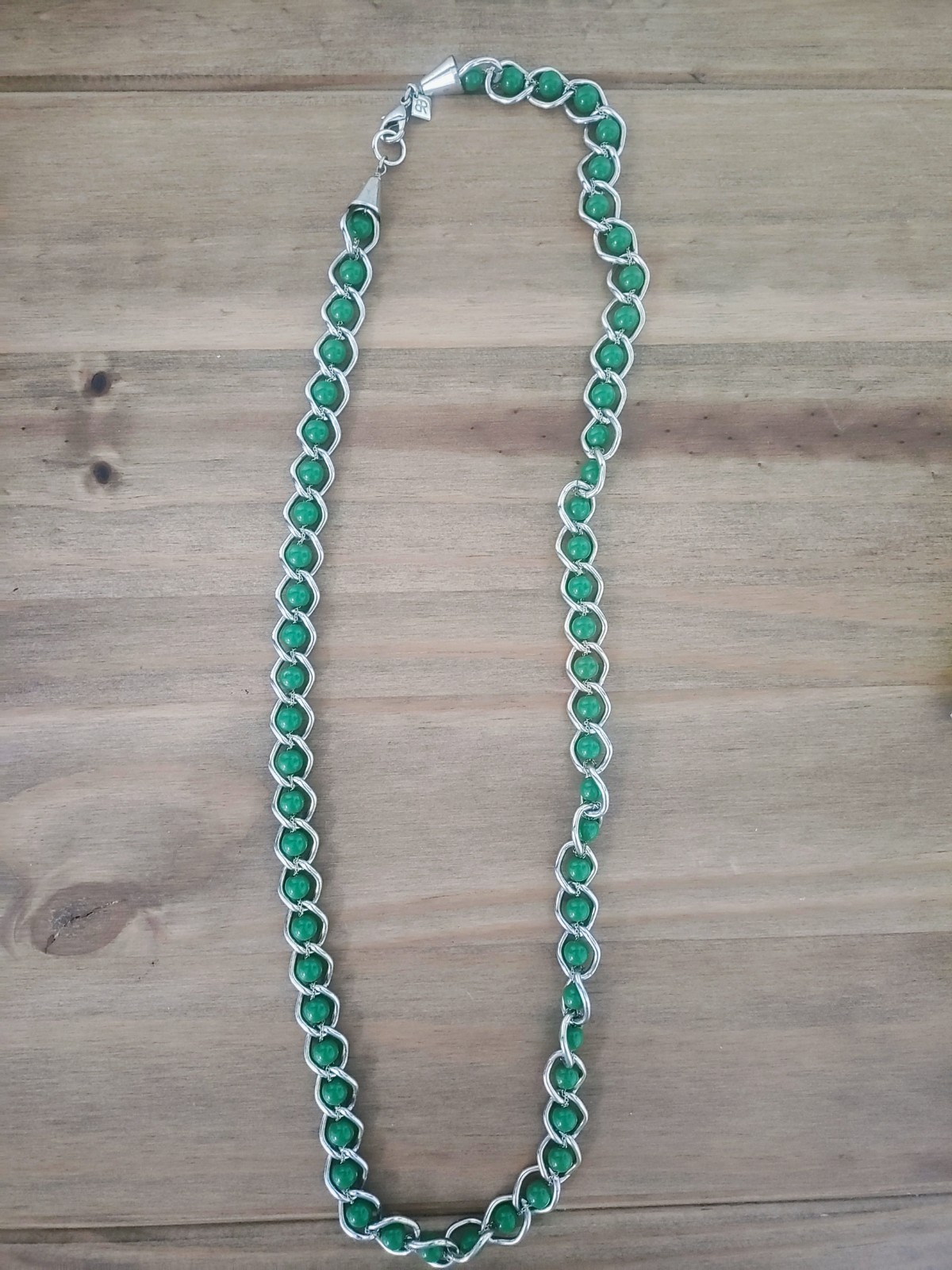 Vintage Banana Republic Green Beads Wrapped With Silver Tone Metal