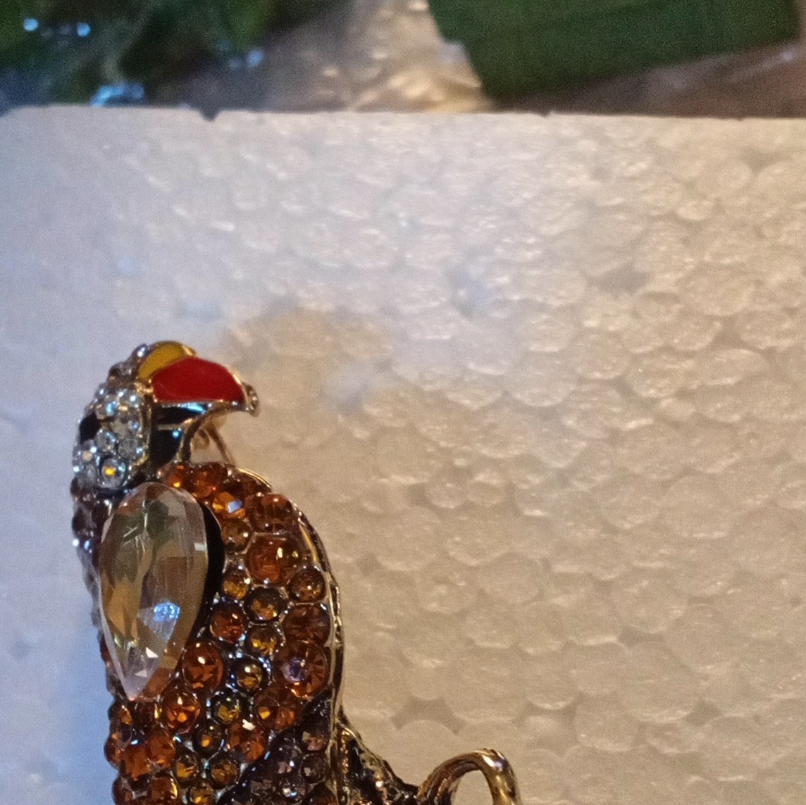 Gold Tone Rhinestone Parrot Bird Brooch Pin, Brown Clear Stones, Red Beak