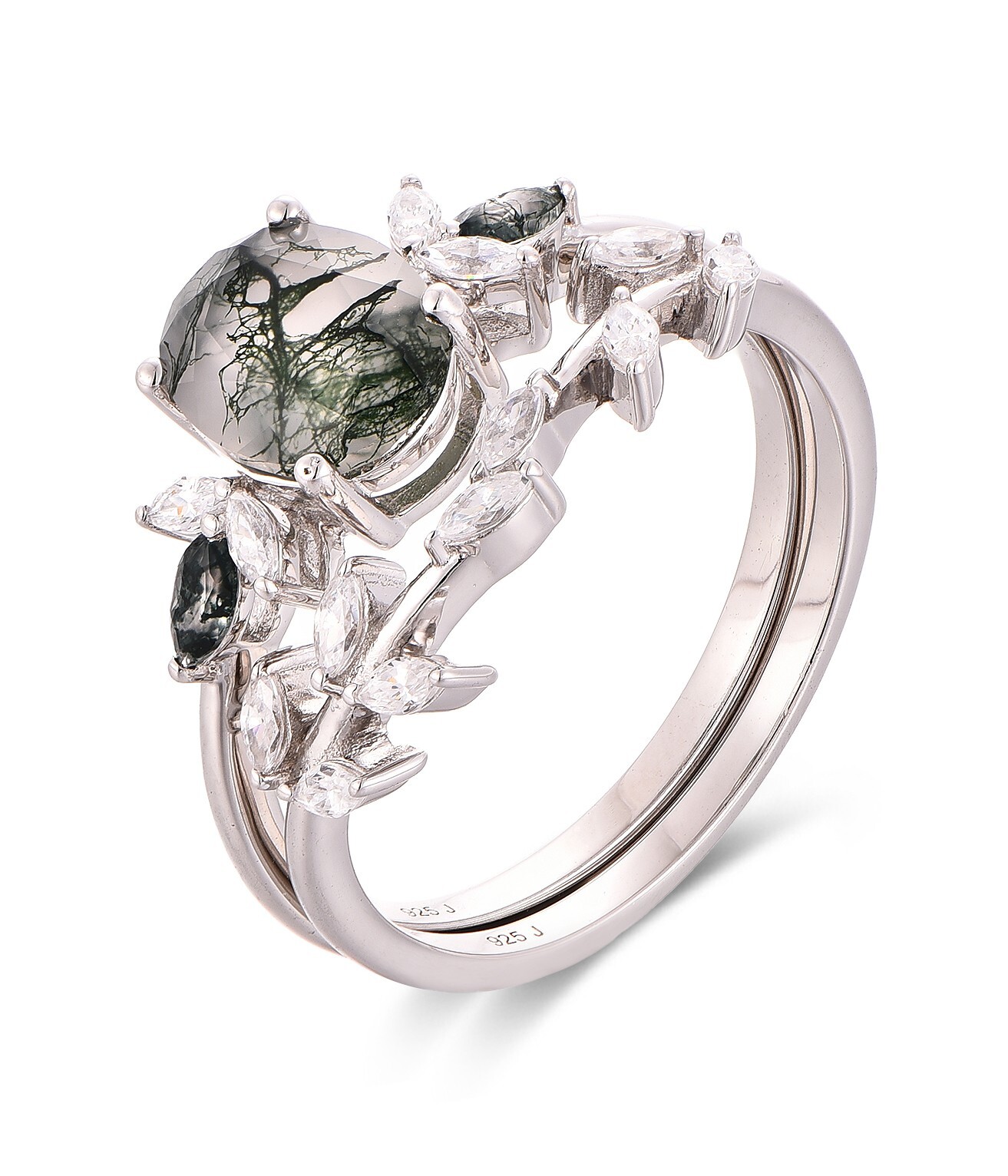Floral Moss Agate Engagement Ring & Wedding Band Ring Set Sterling Silver S14275