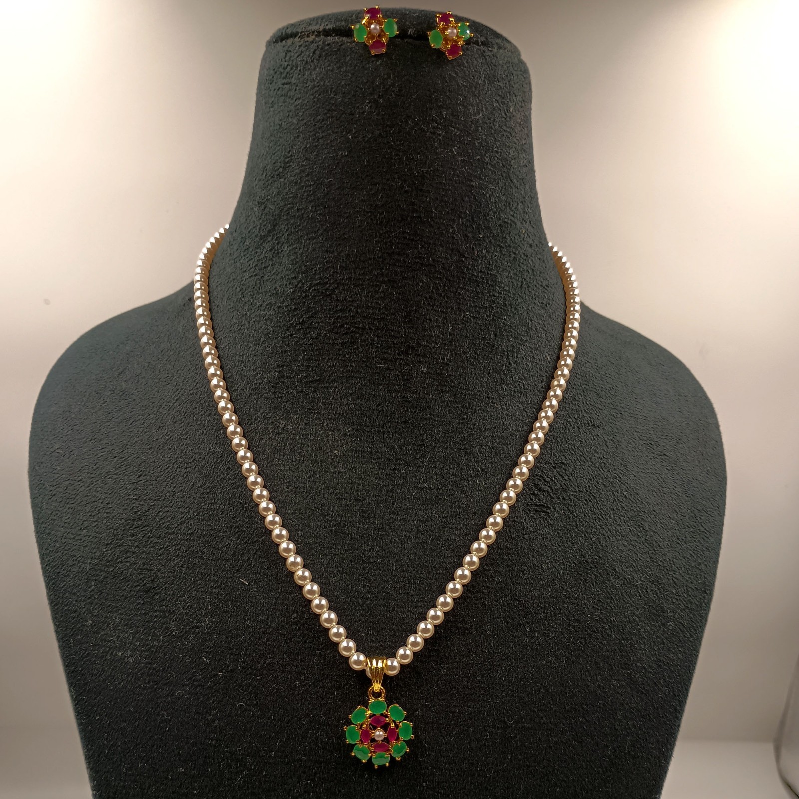 Ruby Emerald Pearl Pendant Set, 22k Gold Plated Traditional Indian Wedding Jewel