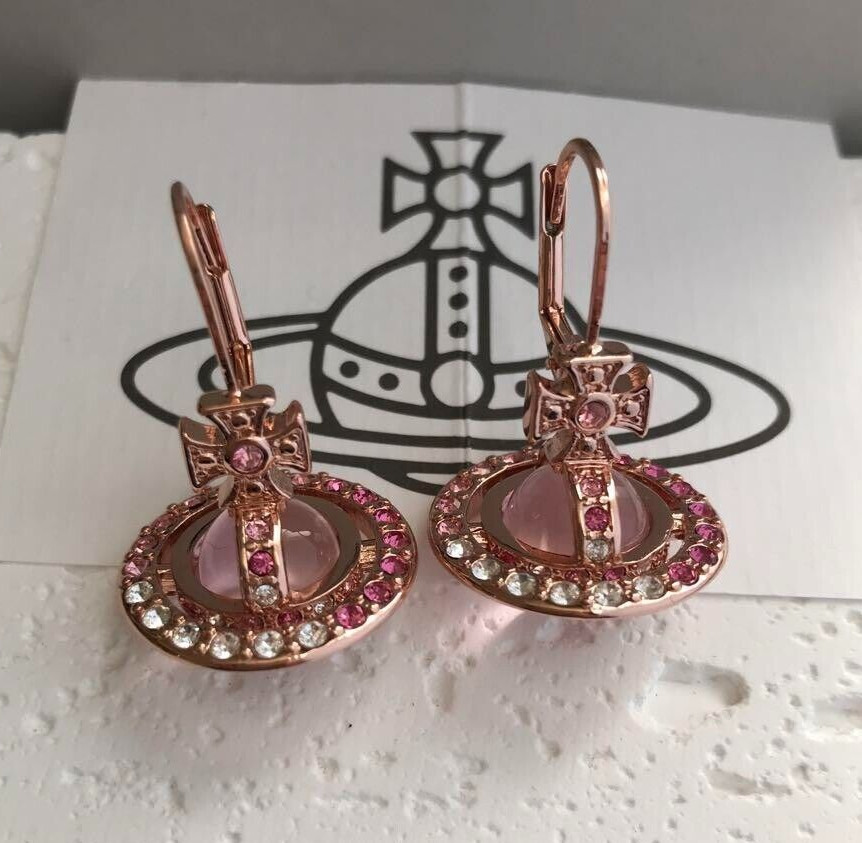 Vivienne Westwood Rhinestone Tiny ORB Earrings Pink Gold with drawstring
