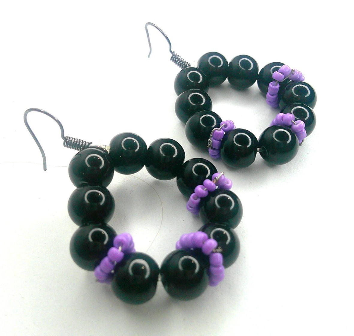 Small Black Purple Earrings Glass Beaded Handmade Hoop Dangle Fashion Colorful