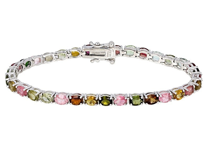 Multi-Tourmaline Rhodium Over Sterling Silver Tennis Bracelet 7.25ctw New In Box