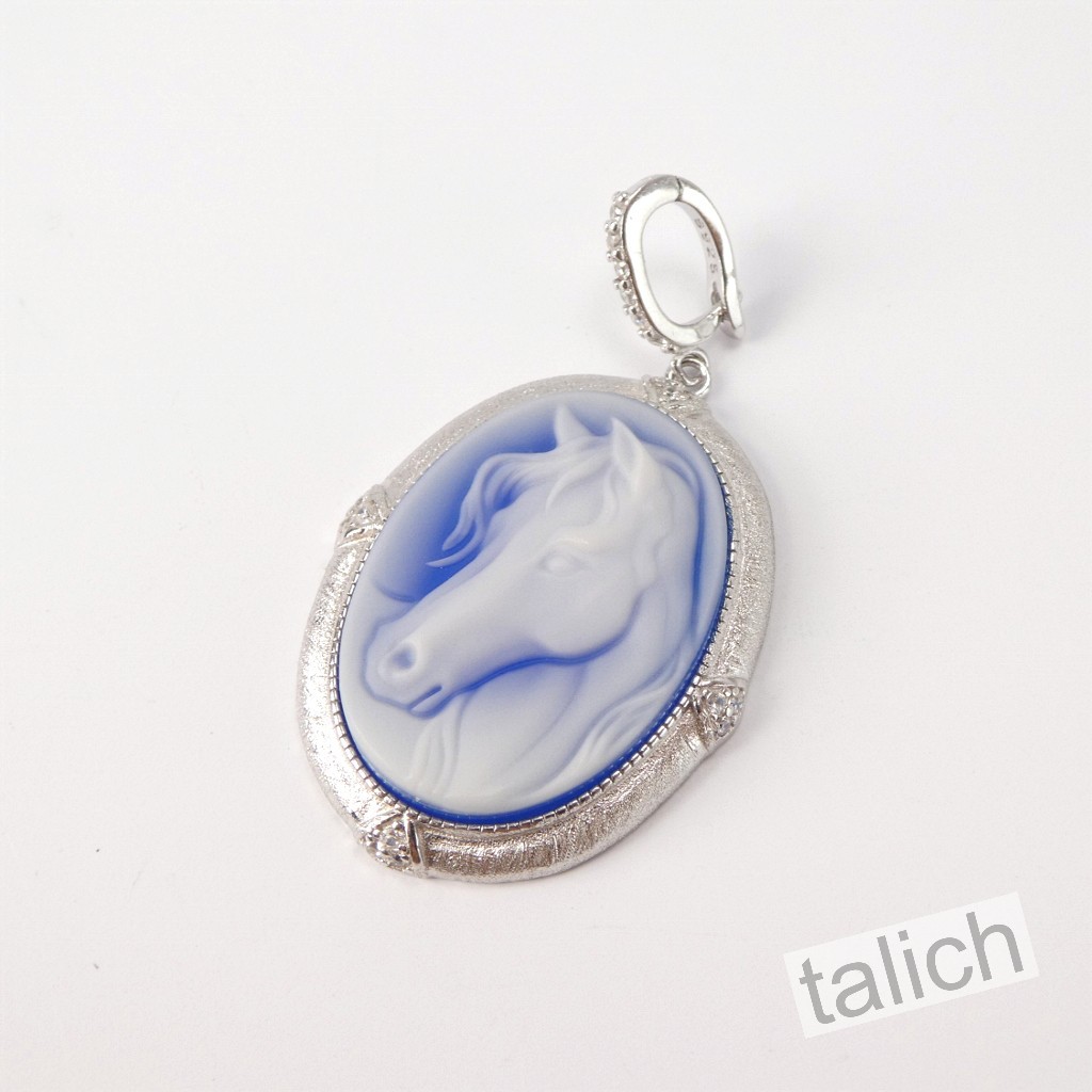 925 Sterling Silver Blue Agate & CZ Horse Cameo Pendant Fine Elegant Gift Idea